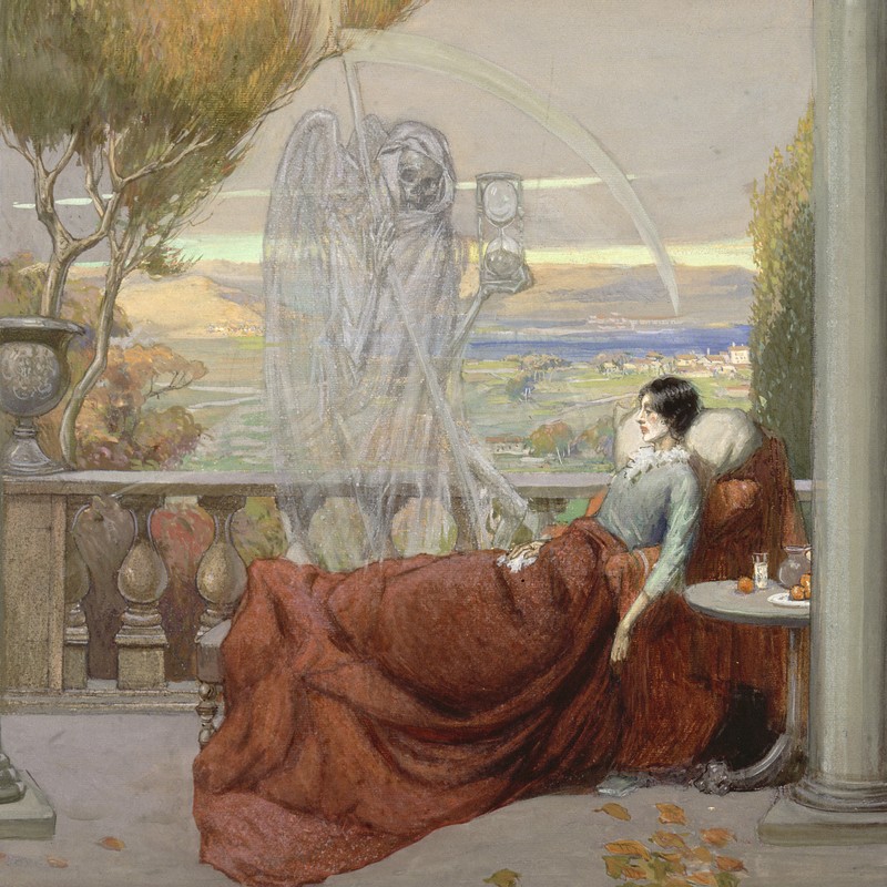 A sickly female invalid sits covered up on a balcony overloo wellcome v0017058